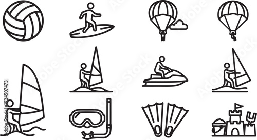 A diverse collection of sports and recreational activities depicted in simple black and white icons. Vector