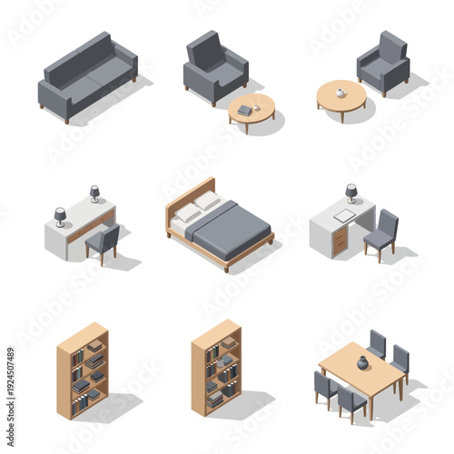 Collection of modern home furniture icons featuring sofa, armchairs, bed, dining table, and storage units in isometric view