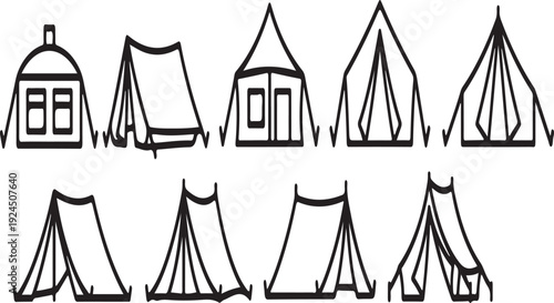 A variety of tents and houses showcasing different architectural styles and designs. Vector