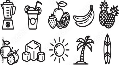 Assorted tropical fruits and beach icons in a minimalist black and white design Vector