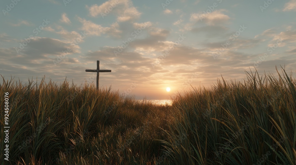 Obraz premium Serene Sunrise Over Grassy Field with Cross Silhouette and Calm Ocean Horizon, Capturing Peaceful Moments in Nature's Embrace