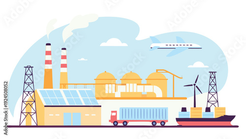 An industrial landscape featuring a factory, solar panels, wind turbine, truck, cargo ship, and oil rigs.