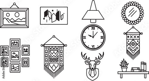 A collection of various decorative items and wall hangings. Vector
