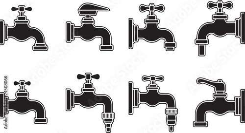 Eight different styles of faucets illustrated in a black and white line drawing Vector