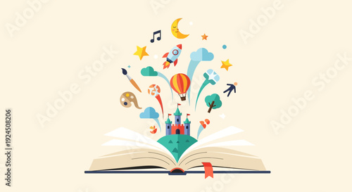Whimsical fantasy world emerging from an open book