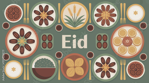 Eid Mubarak Food Spread Islamic Celebration Traditional Dishes Pattern