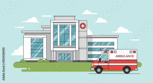 Modern hospital building with ambulance parked outside