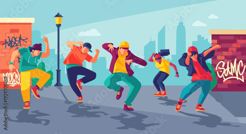 Vibrant street dancers performing in urban city setting