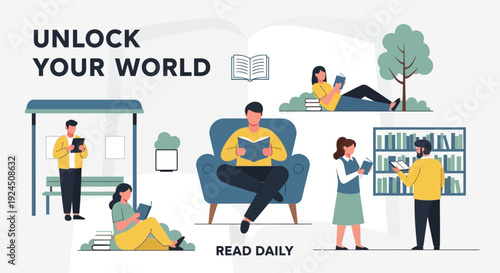 People enjoying reading books in various settings daily