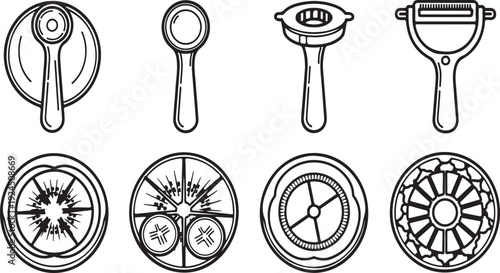 A collection of vintage kitchen tools and graters with intricate designs Vector