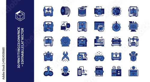 Collection of 3d printing and technology icons in blue on white background industrial machinery and tools vector graphics for technical
