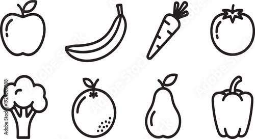 Assorted fruits and vegetables illustrated in a simple black and white line drawing Vector