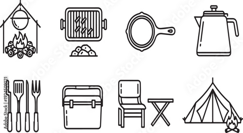 Outdoor cooking and camping equipment illustrated in a simple line drawing Vector