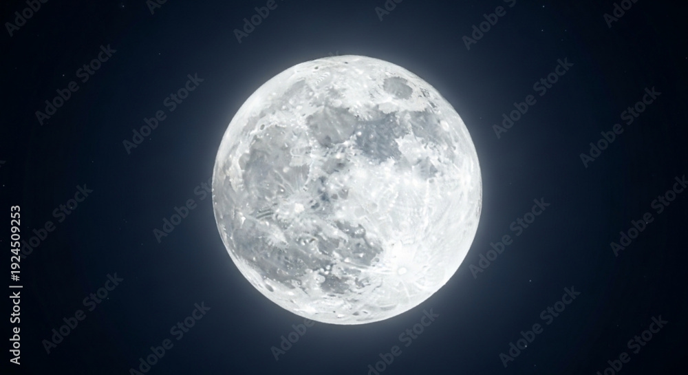 Fototapeta premium Full moon glowing brightly in dark night sky with clear craters and surface details visible