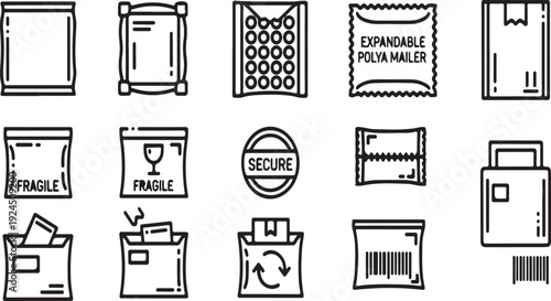 Assorted icons representing various types of packaging and shipping materials Vector