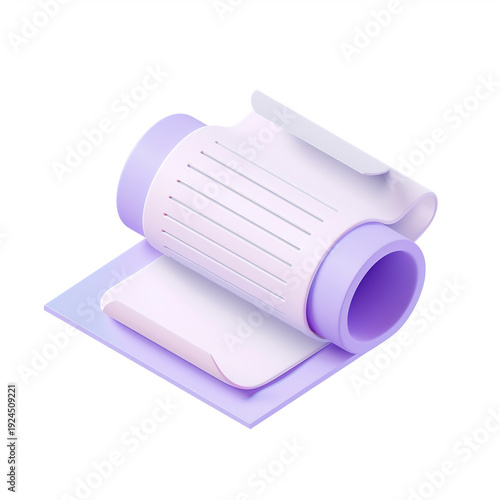 3D receipt document icon, purchase proof, white isolated background