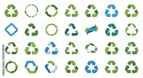 Collection of green and blue recycling symbols on white background for eco friendly concepts