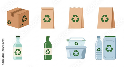 Recyclable materials and containers with green recycling symbols on a white background