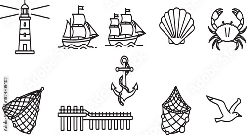 A collection of nautical and beach-themed icons and symbols Vector