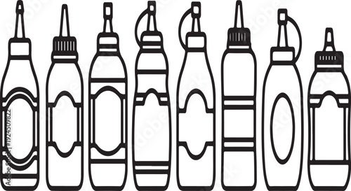 Assorted bottles and containers lined up in a row with different shapes and caps Vector