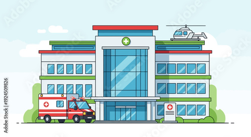 Modern hospital building with ambulance and helicopter