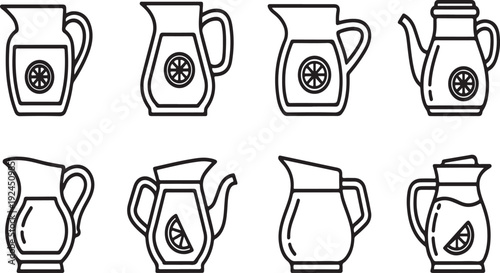 Eight different types of pitchers and jugs with various designs and handles Vector