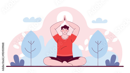 Man in yoga pose with raised hands meditating outdoors surrounded by nature elements.
