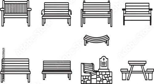 A variety of park benches and outdoor furniture for public spaces. Vector