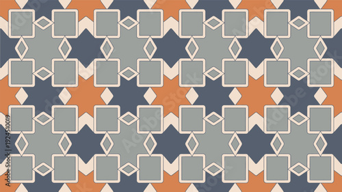 Seamless geometric pattern vector with repeating squares, stars, and diamond shapes in blue, orange, and gray for modern backgrounds, web design, or textile prints