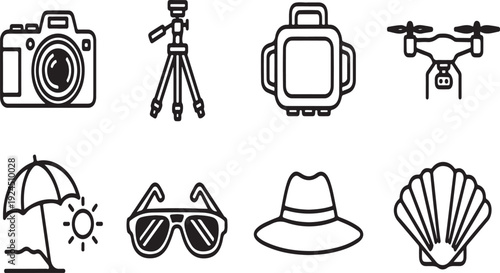 A collection of various equipment and accessories for outdoor adventures and photography Vector