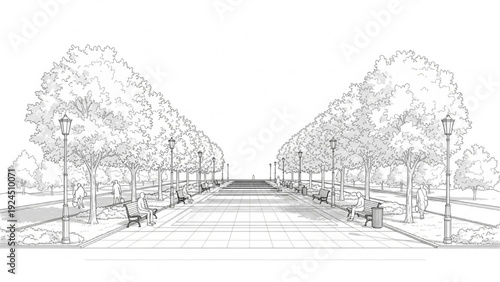 A detailed black and white drawing of a tree-lined park pathway with benches