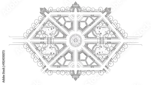 Detailed Architectural Plan of an Elegant Formal Garden with Symmetrical Geometric Patterns and Intricate Layout