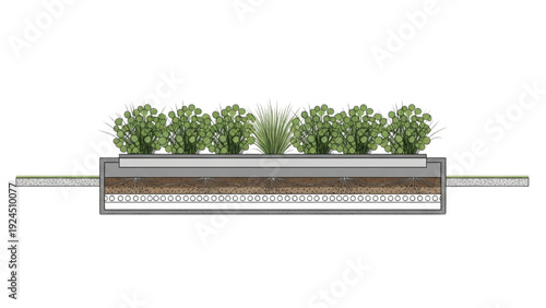 Detailed Cross-Sectional View of a Modern Planter Box with Integrated Drainage System and Green Plants for Urban Spaces