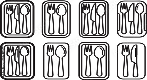 A collection of various utensils arranged in a grid pattern with different combinations. Vector