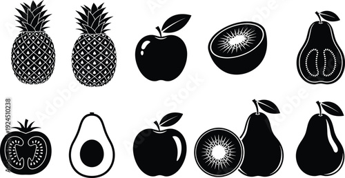 Black and white fruit silhouette icon set featuring pineapple apple pear kiwi avocado and tomato, clean minimal vector illustrations for healthy food design, menus, packaging and branding