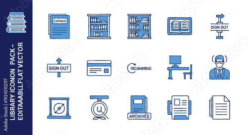 Collection of blue office icons including documents computer and person wearing mask editable vector library pack on white background