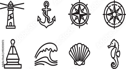 Assorted nautical icons depicting various maritime symbols and elements Vector
