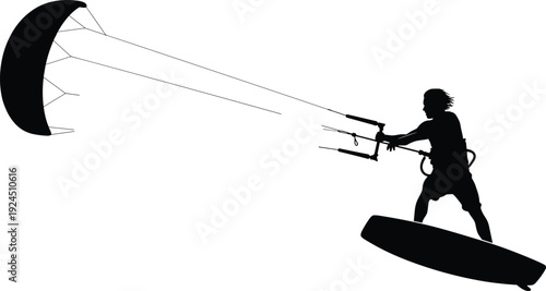 Black and white kitesurfing silhouette illustration showing kiteboarder riding with power kite, dynamic extreme water sport action vector design for adventure, summer sports and coastal themes