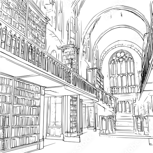 Gothic Library Interior with Staircase and Bookshelves