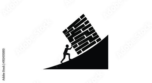 man pushing heavy brick wall up a hill struggle challenge