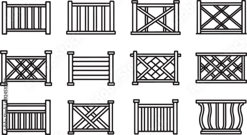 A collection of various fence designs and patterns illustrated in black and white. Vector