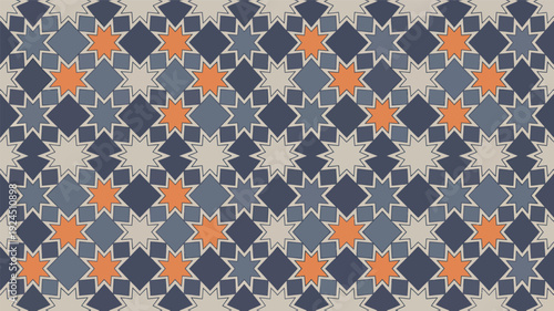 Seamless geometric pattern with repeating blue, orange, and beige star and diamond shapes, ideal for textile, wallpaper, and digital backgrounds
