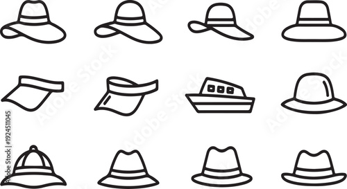 An assortment of hats and other headwear, including a boat, displayed in a grid layout. Vector