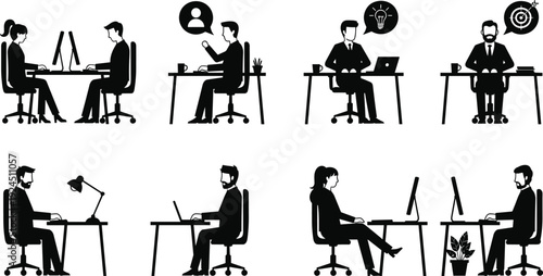 Black and white office worker silhouette set showing business people at desks using computers, communication and ideas icons, modern vector illustration for corporate workflow and teamwork concepts