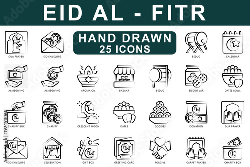 Eid Al - Fitr Hand Drawn icons set. contain almsgiving, dua prayer, eid envelope, bedug, cookies, donation, charity, arom oil and more. Vector for modern concept, print, UI, UX kit, web and app develo
