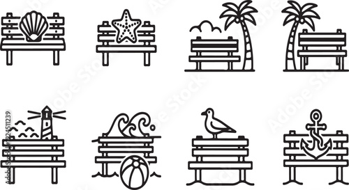 Illustrations of various people and activities on park benches. Vector