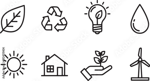 Icons representing various aspects of sustainability and eco-friendly practices. Vector