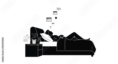 man lying on bed with phone on nightstand and social media icons floating above