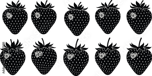 Black and white strawberry silhouette icon set featuring fresh berries with seeds and leaves, clean vector illustration for organic food design, packaging, healthy branding and menu graphics