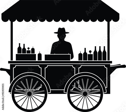 Black and white street vendor cart silhouette showing traditional mobile beverage stall with bottles and canopy, vintage market vector illustration for food business and urban culture